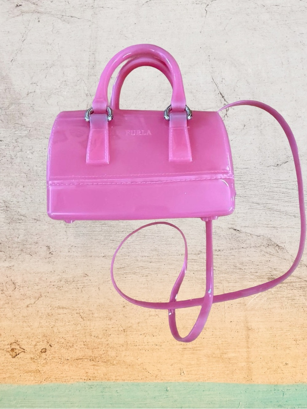 Furla Candy Mini Bag Hot Pink PVC Crossbody Satchel Silver Tone Hardware